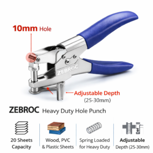 10mm Heavy Duty Hole Punch (25-30mm Adjustable Depth) Metal Spring Loaded Single Punch for Wood Edge Banding, PVC, Plastic Sheet | 20 Sheets | Visual Alignment