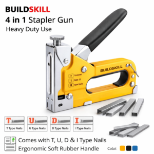 BUILDSKILL 4 in 1 Stapler Gun for Heavy Duty use | Comes with T, U, D & I Type Nails | Ergonomic Soft Rubber Handle | Manual Stapler Machine for Upholstery, Carpentry, Fixing Material