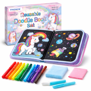 FINEMOE Reusable Doodle Book Set for Kids, 14 Page Erasable Drawing Notebook with 12 Sketch Pens, 2 Wipes