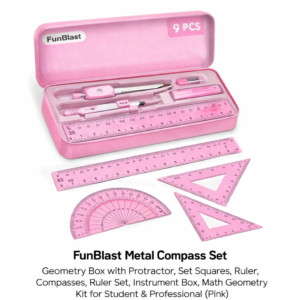 FunBlast Metal Compass Set 9 Pcs - Geometry Box with Protractor, Set Squares, Ruler, Compasses, Ruler Set, Instrument Box, Math Geometry Kit for Student & Professional (Pink)