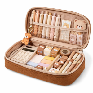 Large Pencil Case Stationery Items for Girls and Boys, Canvas Bags Pen Pencil Pouch for School College and Office, Organize Makeup Cosmetic, Aesthetic Cute Stationary Box for Daily Use (Brown)