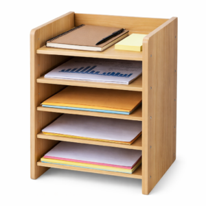 Office File Tray, A4 Desk Tidy Organiser, 4 Tier Document/Paper/Letter Tray Rectangular, Wooden, Free Standing, Vertical Shelf