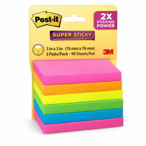 Post-it Super Sticky Notes, 2X Sticking Power, 3 in x 3 in, 5 Pads/Pack, 90 Sheets/Pad (neon Colour)