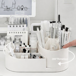 Revolve 360 Degree Rotating Office Desk and Makeup Brush Organizer Stand, Multipurpose Organizer with 16 Compartments for Brushes, Pens, Stationary – Durable, No Installation Needed (White)