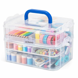 UCRAVO 2 Layer Plastic Storage Containers with Lids, Multipurpose Clear Stack & Carry Box, Portable Craft Organizers, and Storage Bin for Organizing Arts & Crafts, Sewing, stationery box,(MultiColor)