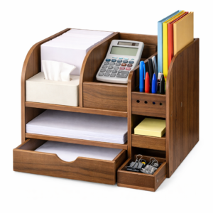 Wooden Desk Organiser For Office, Multi Functional Desktop Organiser. Storage For File,Pen,Tissue,Printer Paper, Calculatore Etc.(Ready Assambled) (Pack Of 1) (Symphony), Inside, Brown
