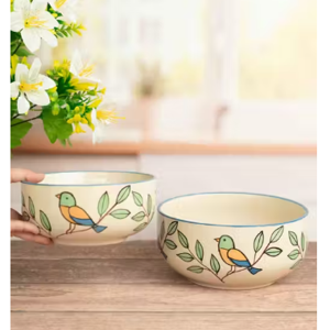 Handcrafted Ceramic Serving Bowls – Bird & Leaf Design Set of 2