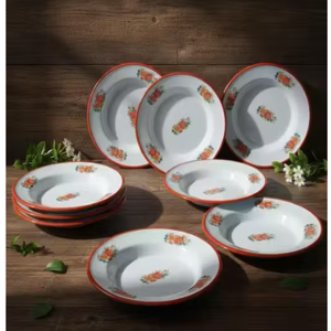 Enamelware Plates with Orange Floral Design, White with Red Trim