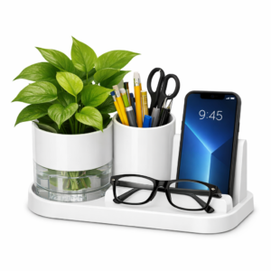 eo Pen Stand for Study Table with Self-Watering Plant Pot, Glasses & Smartphone Holder – Desk Organizer & Pencil Holder for Office, Home, Kids, Students, Study Room Desk Station White