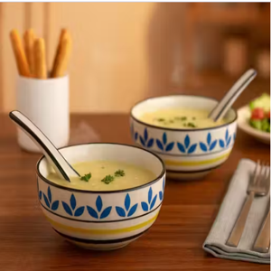LA TABLEWARE Ceramic Soup Bowls with Spoon Hand Painted in Blue & Yellow (Set of 2)