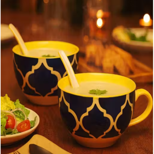 LA TABLEWARE Ceramic Handled Soup Bowls with Spoons Hand Painted