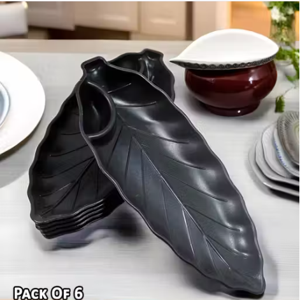 Stylish Leaf Shape Snack Plastic Platter set of 6 in Black Color