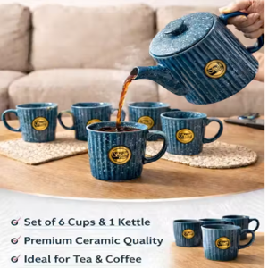 Premium Ceramic Tea & Coffee Set – 6 Cups with Kettle