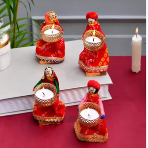 PRIDE ART Rajasthani Wooden Handmade Multicolor Puppet Pair T Light Candle Holder for Home Décor