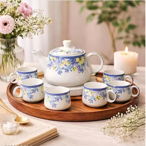 LA TABLEWARE Ceramic Tea Set with Kettle & 6 Cups